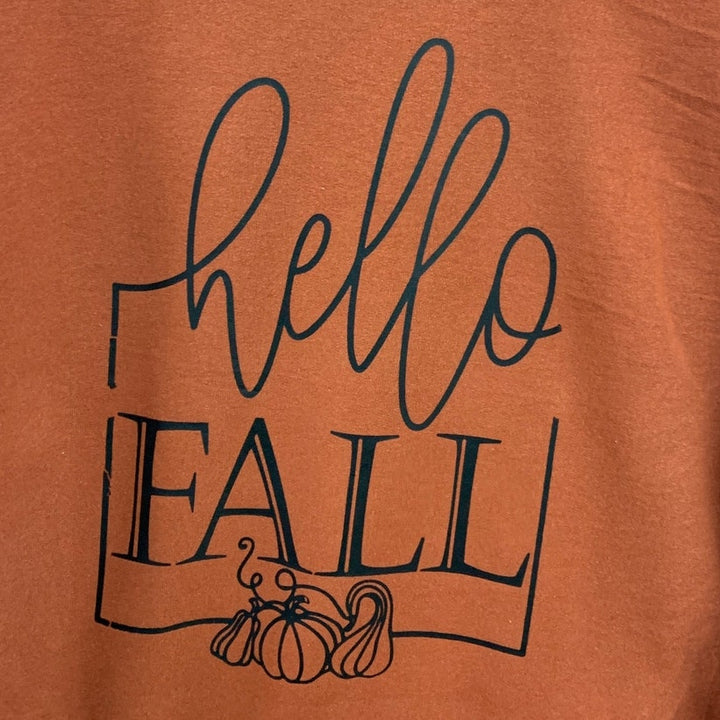 Upcycled Hand Printed Womens XL Orange Hello Fall Pumpkin Long Sleeve Sweatshirt
