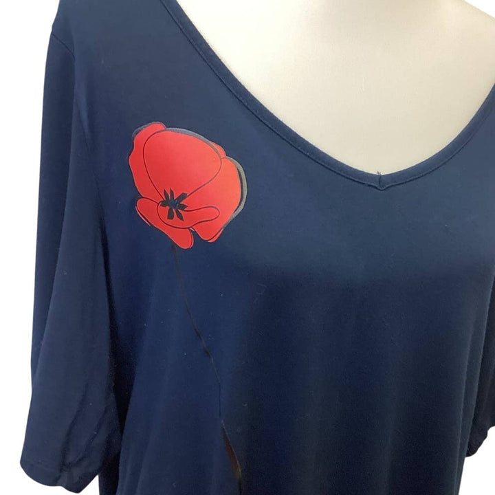 Hand Printed Upcycled Womens 1X Red Poppy Flower 3/4 Sleeve Deep VNeck Tee Shirt