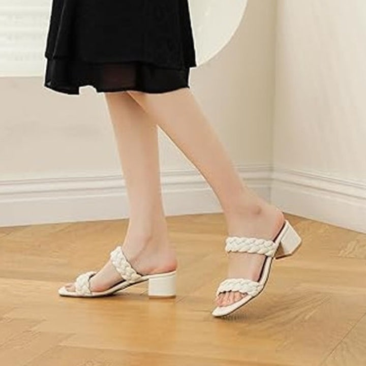 Dobolin Womens 7.5 White Braided Strap Short Chunky Heels Slip on Wedding Shoes