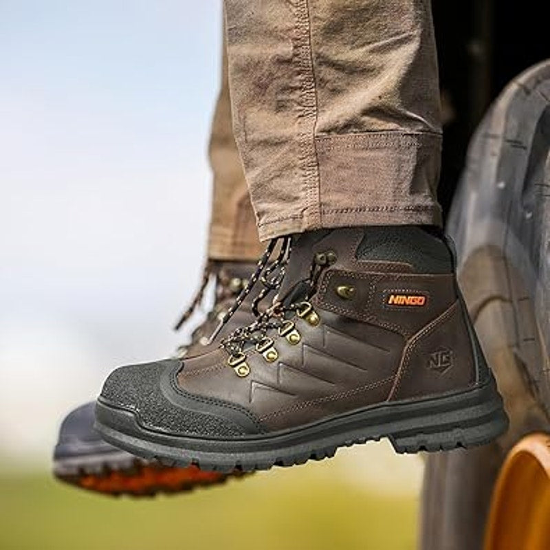 Ningo Mens Size 8.5 Brown Work Boots Lace Up Steel Toe Water Resistant Shoes