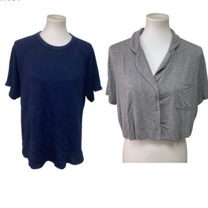 2 New American Eagle Aerie Womens Large Short Sleeve Button Up Sleepwear Tops