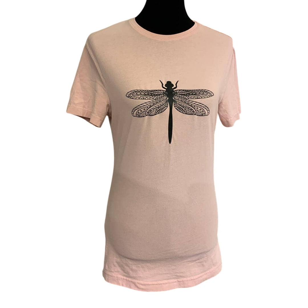 Hand Printed Upcycled Womens Medium Dragonfly Short Sleeve Crew Neck Tee