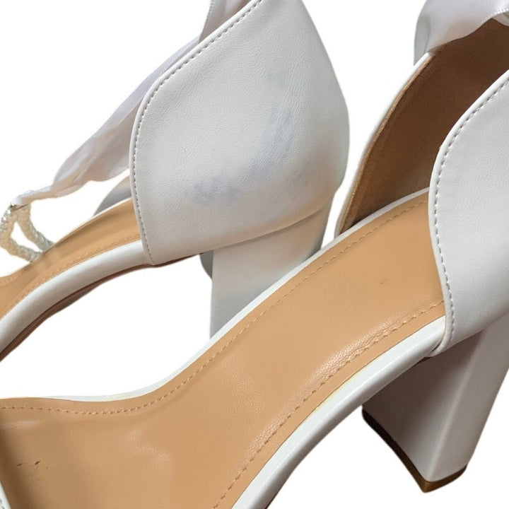 Womens 9.5 White 3.5" Block Heel Pearl Ribbon Ankle Strap Open Toe Wedding Shoes