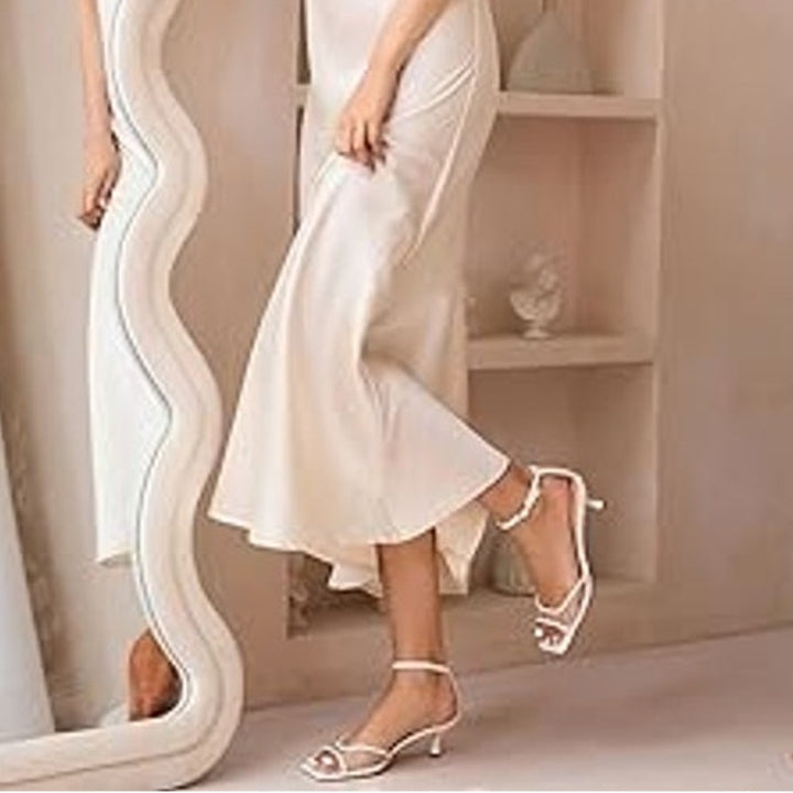 New Isnom Womens Size 7.5 White Mesh 2.25" Heel Open Toe Ankle Strap Shoes