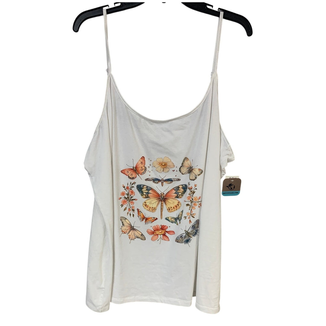 New Hand Printed Women 3X Vintage Floral Butterfly Dragonfly Thin Strap Tank Top