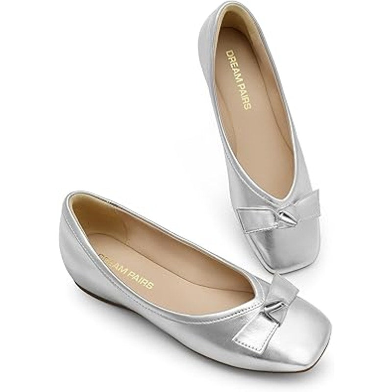 Dream Pairs Womens Size 7 Shiny Silver Bow Slip On Closed Toe Ballet Flats Shoes