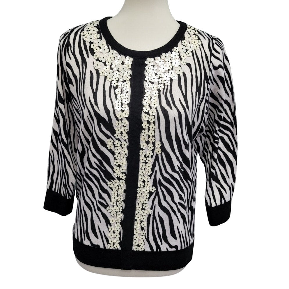 Cathy Daniels Womens Medium Cotton Acrylic Long Sleeve Zebra Print Knit Sweater