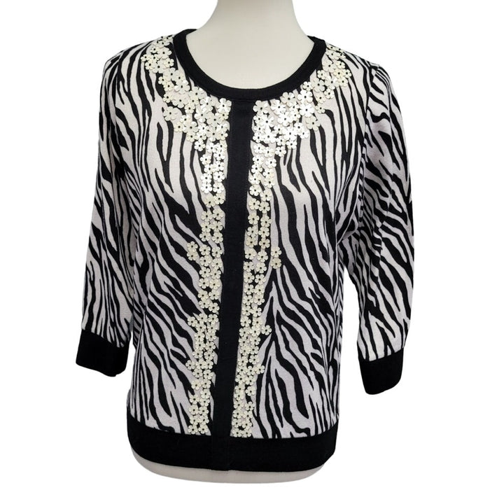 Cathy Daniels Womens Medium Cotton Acrylic Long Sleeve Zebra Print Knit Sweater