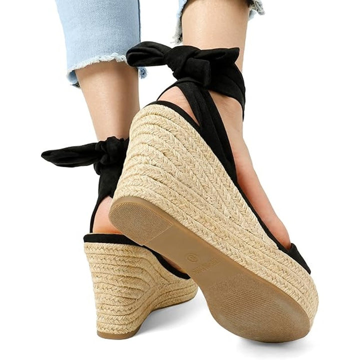 Dream Pairs Womens 8 Black Velvet Ankle Wrap 4" Platform Espadrille Wedge Shoes
