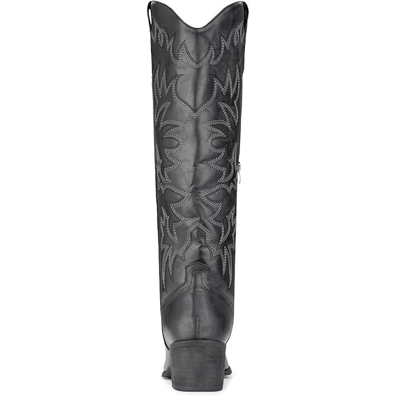New IUV Womens 10 Black Faux Leather 2.25" Heel Knee High Cowboy Boots w Flaw