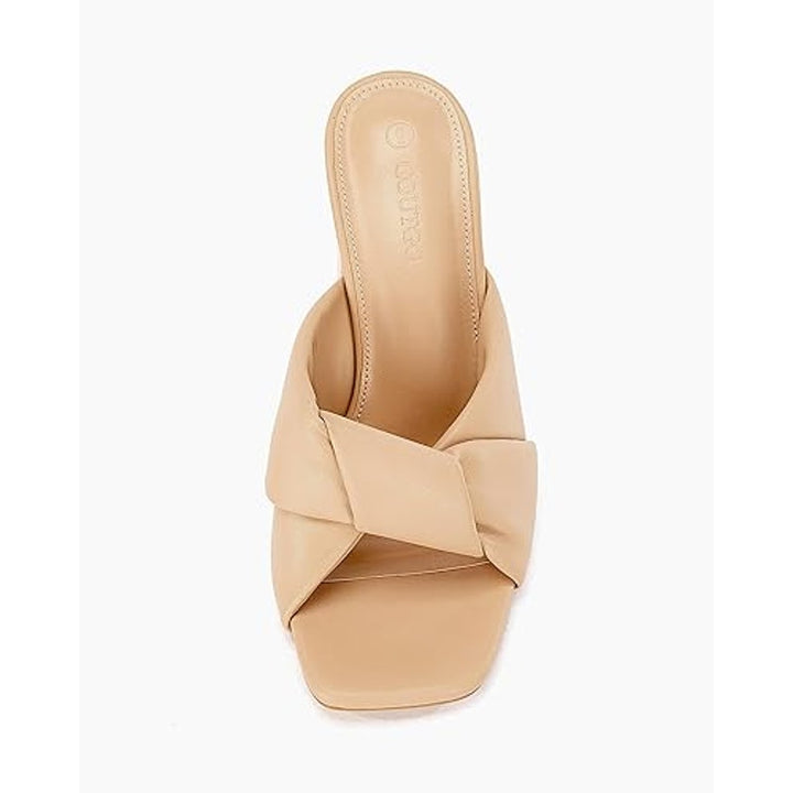 Coutgo Womens Size 8.5 Tan Chunky 4" Block Heel Slide On Open Toe Knotted Shoes