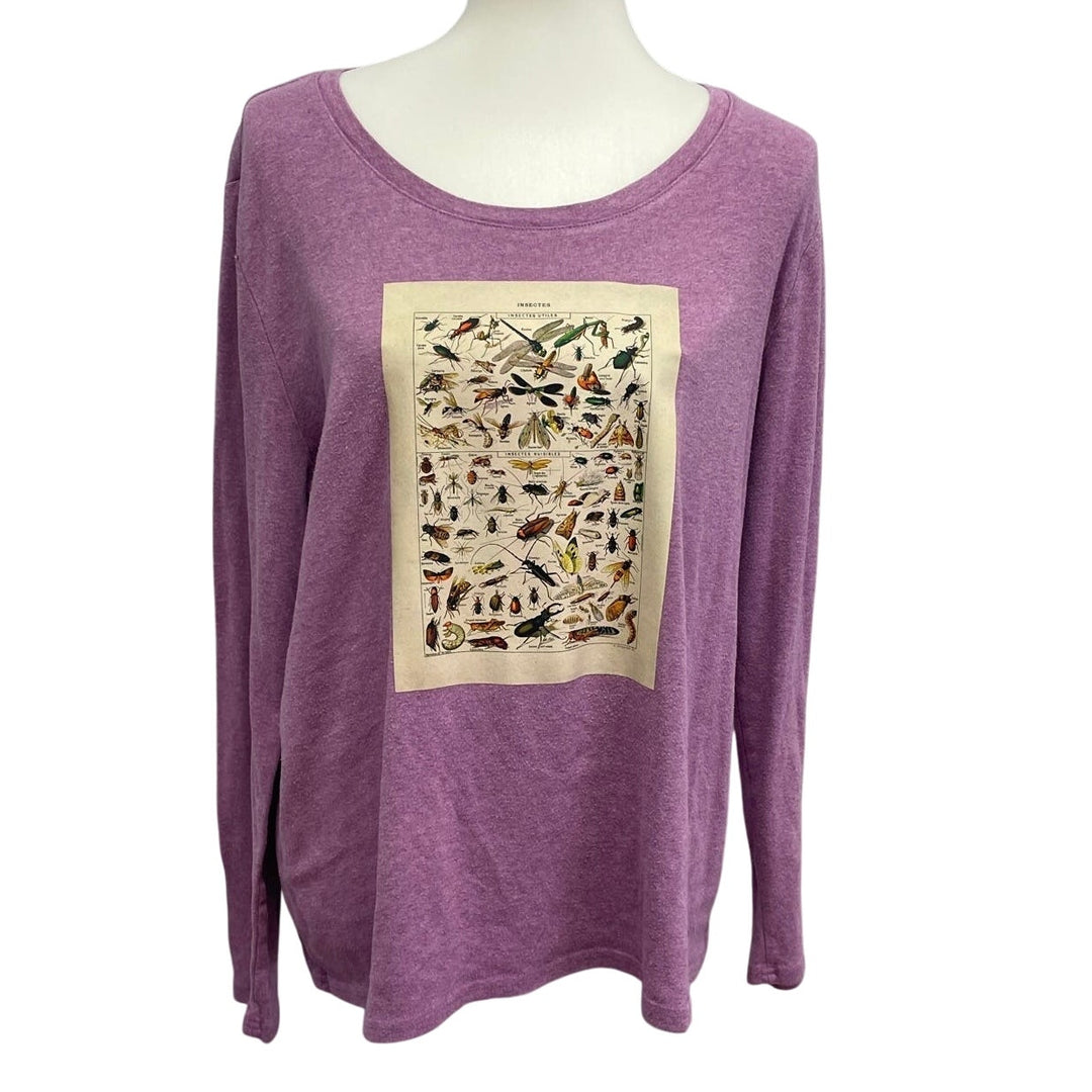 Hand Printed Upcycled Womens XXL Vintage Book Page Butterfly Long Sleeve Tee