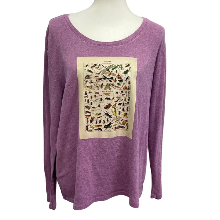 Hand Printed Upcycled Womens XXL Vintage Book Page Butterfly Long Sleeve Tee