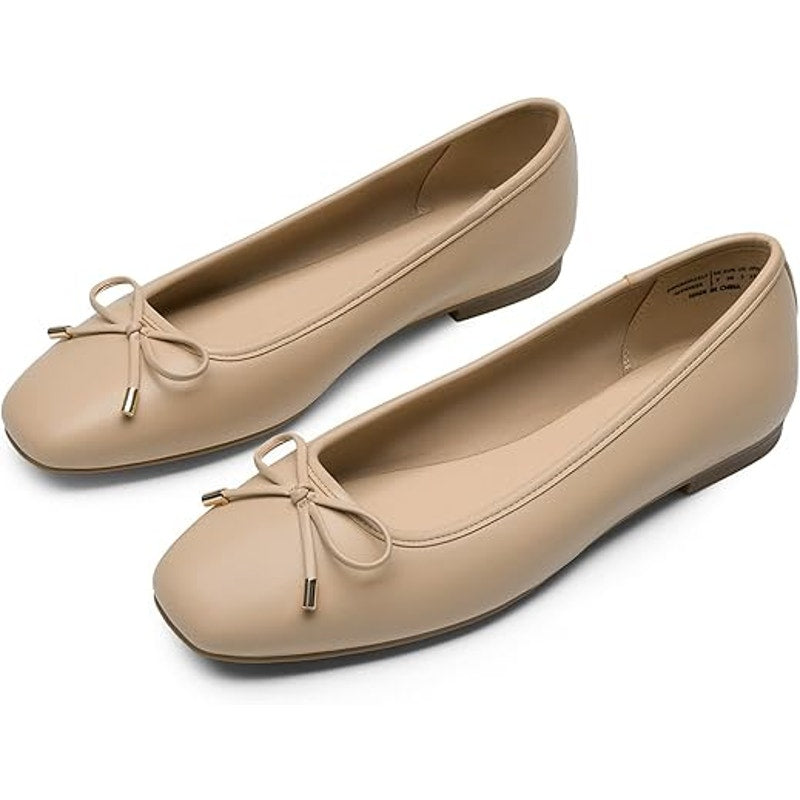 Dream Pairs Womens 6 Tan Square Closed Toe Slide On Bow Ballerina Ballet Flats