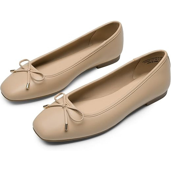 Dream Pairs Womens 6 Tan Square Closed Toe Slide On Bow Ballerina Ballet Flats