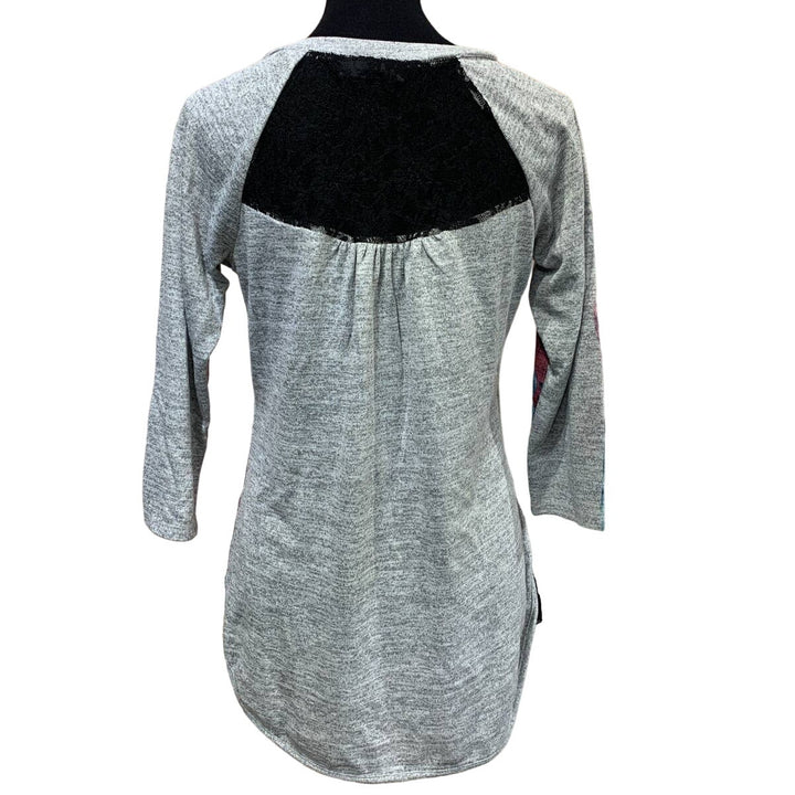 New Style &amp; Co Womens Medium Plaid Floral Black Lace Back Polyblend Blouse Top