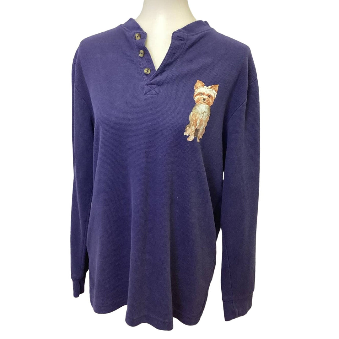 Hand Printed Mens Medium Upcycled Yorkshire Terrier Yorkie Dog Henley Shirt EUC