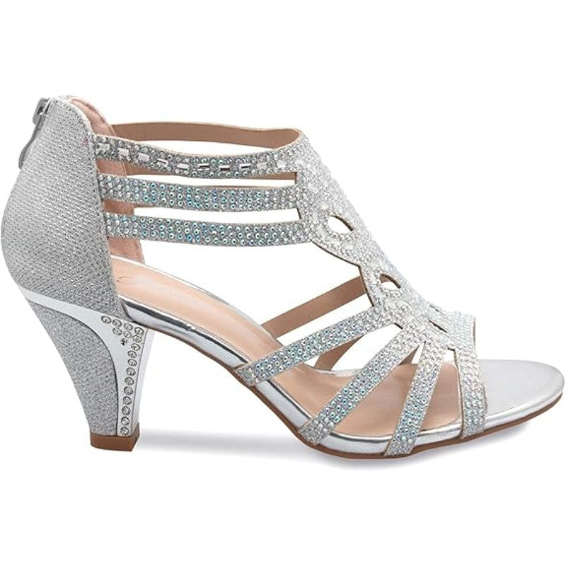 New Forever Olivia K Womens Size 7.5 Silver Glitter Open Toe 3" Rhinestone Heels
