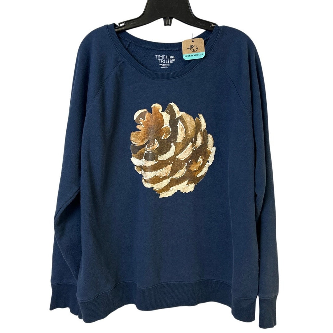 Upcycled Hand Printed Womens XXL Rustic Pinecone Long Sleeve Sweatshirt
