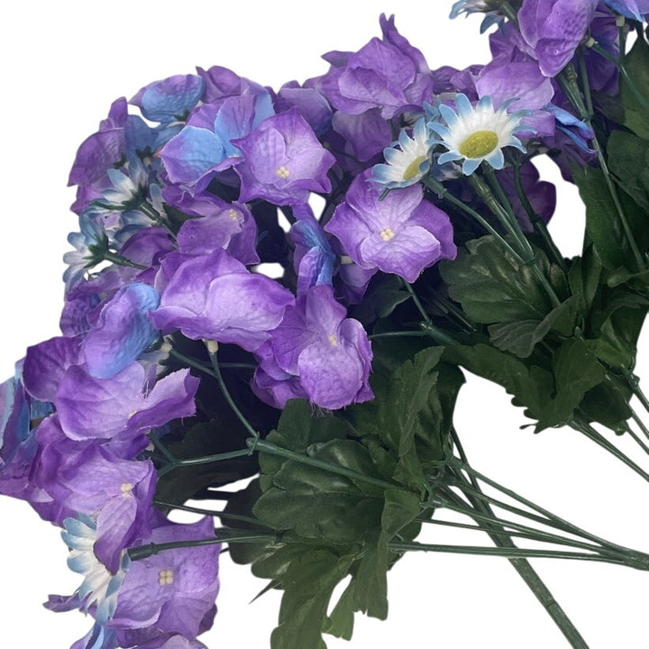 Springtime Violet Purple Flower Sprays w Blue Floral Green Leaves In Basket