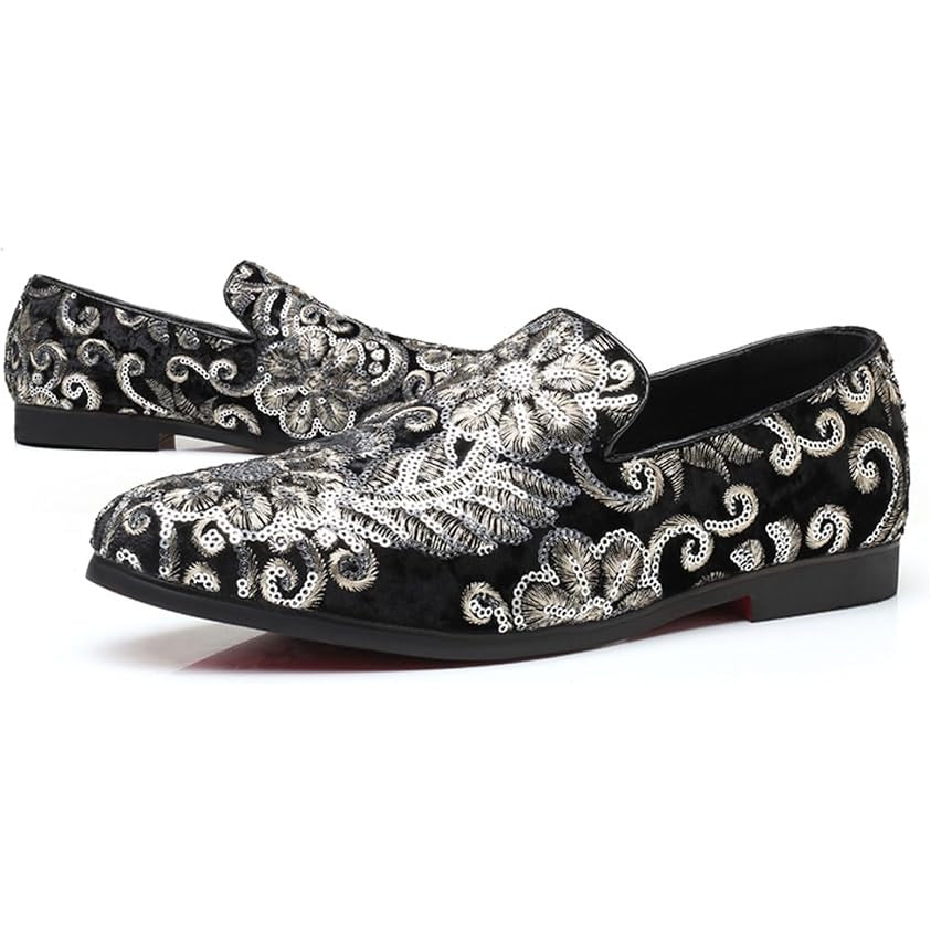Venshine Mens Size 9.5 Black Velvet Silver Sequin Slide On Formal Loafer Shoes