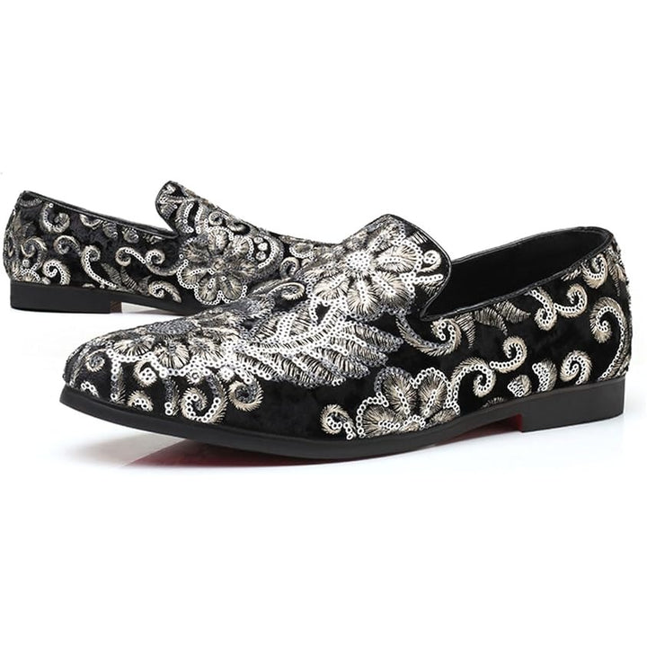 Venshine Mens Size 9.5 Black Velvet Silver Sequin Slide On Formal Loafer Shoes