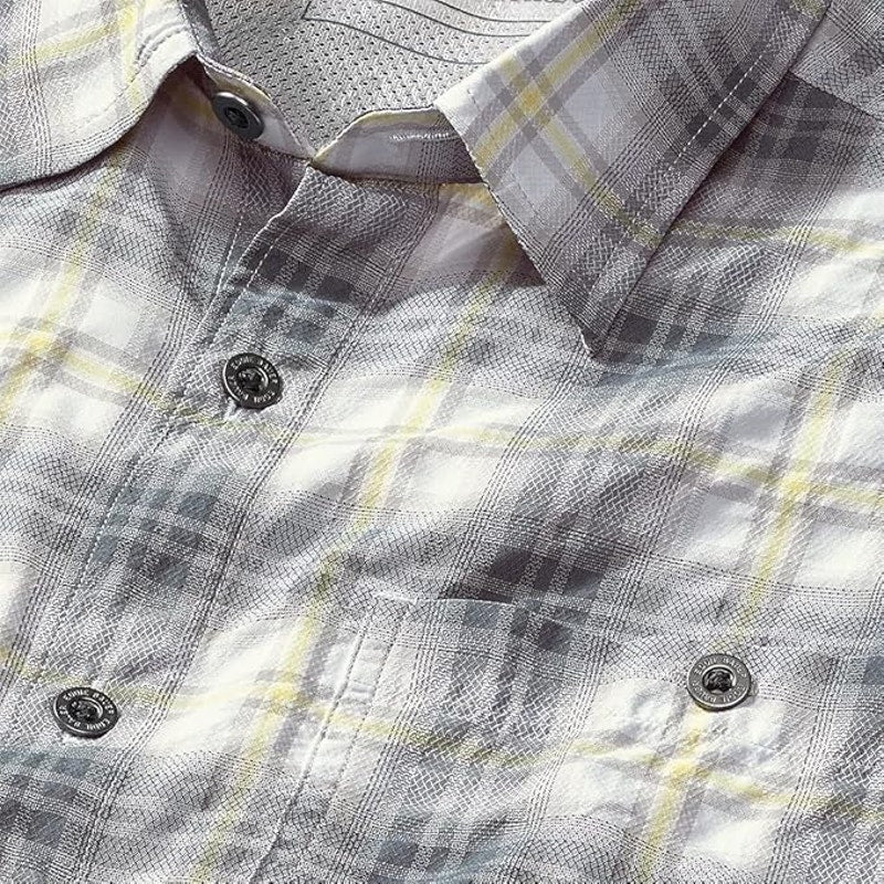New Eddie Bauer Mens Gray Yellow Plaid Short Sleeve Rainier 2.0 UPF 50+ Shirt