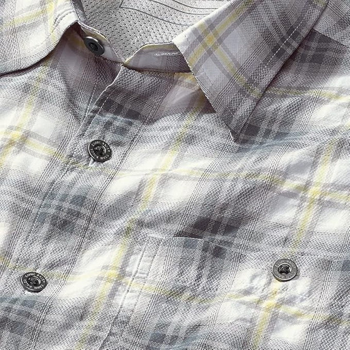 New Eddie Bauer Mens Gray Yellow Plaid Short Sleeve Rainier 2.0 UPF 50+ Shirt