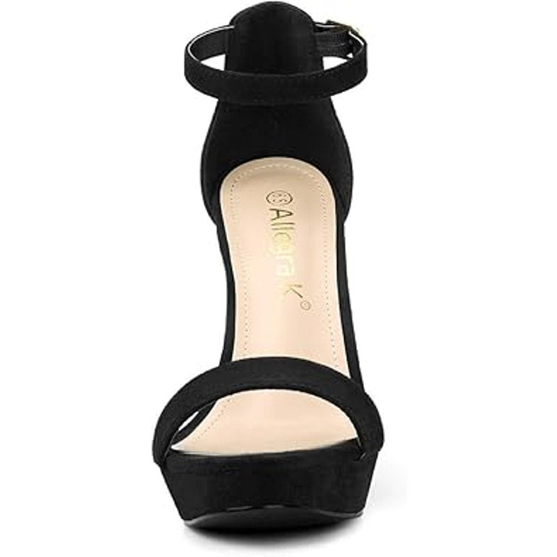 Allegra K Womens 6 Black Faux Suede Ankle Strap Platform Chunky 4" Heels
