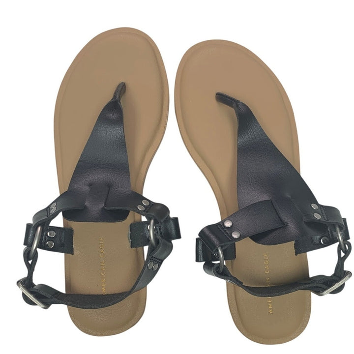 New American Eagle Womens US Size 6 Faux Leather Black Flat Sandals