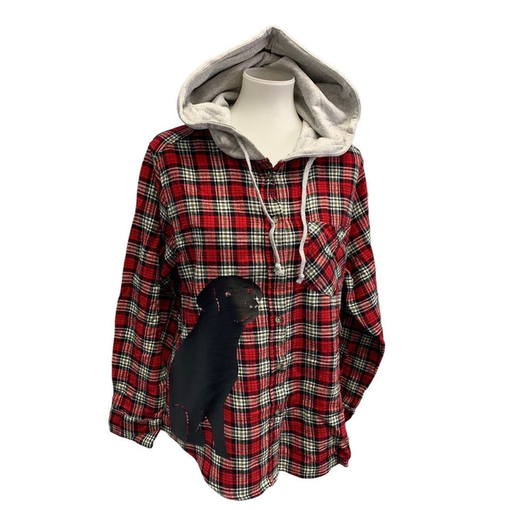 New Hand Printed Womens Small Black Lab Dog Long Sleeve Plaid Flannel Hoodie