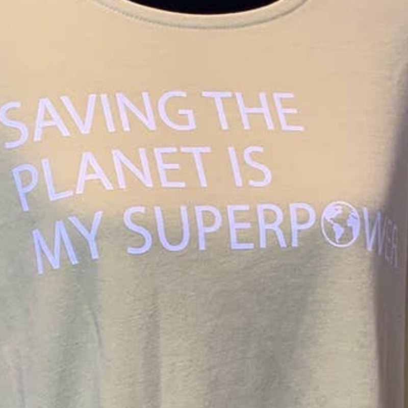 Handmade Upcycled Womens XL Saving Planet My Superpower Ruffled 3/4 Sleeve Top