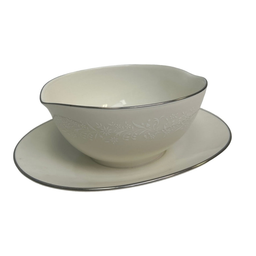 White Floral Noritake Ivory China Lorelei Attached Gravy Boat Saucer Silver Rim