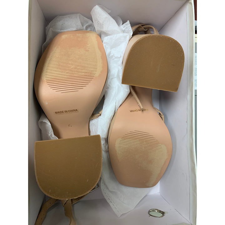 MiraAzzurra Womens Size 6 Tan 4.5" Chunky Heel Open Toe Ankle Strap Sandal Shoes