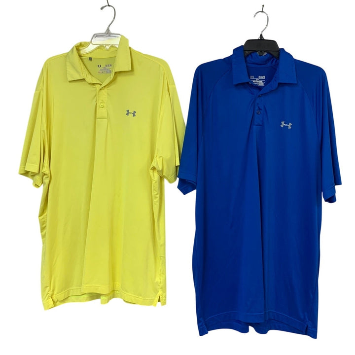 2 Under Armour Mens XL Blue Yellow Loose Heat Gear Short Sleeve Polo Shirts EUC