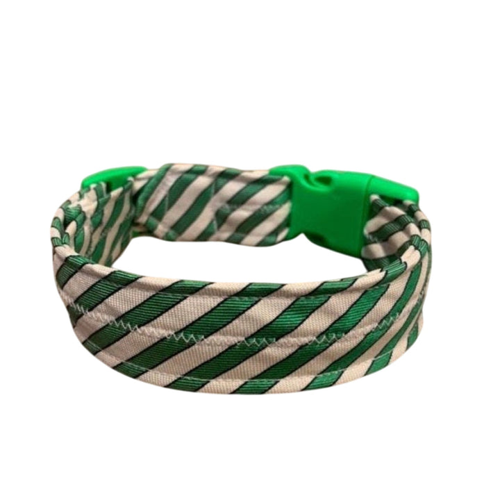 New Handmade Adjustable Upcycled Neck Tie Green White Striped Dog Collar