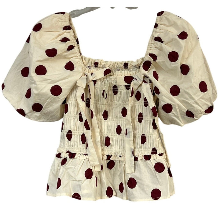 New Francescas Womens Medium Cream Burgundy Polka Dot Stretch Cotton Smocked Top