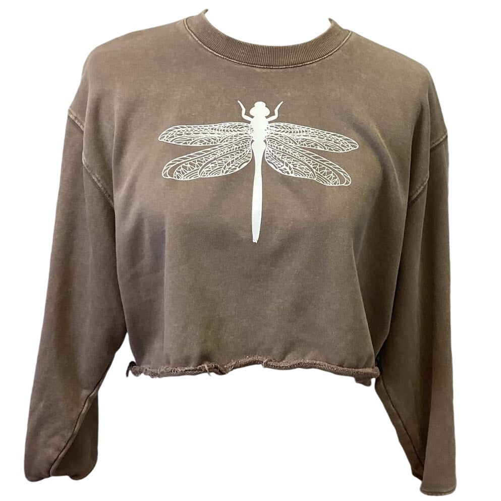 Hand Printed Upcycled Womens Small Dragonfly Cropped Long Sleeve Sweatshirt