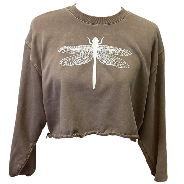 Hand Printed Upcycled Womens Small Dragonfly Cropped Long Sleeve Sweatshirt