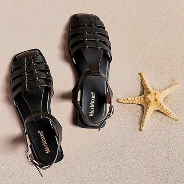 MaxMuxun Womens Size 10 Black Faux Leather Closed Toe Non Slip Flat Sandal Shoes