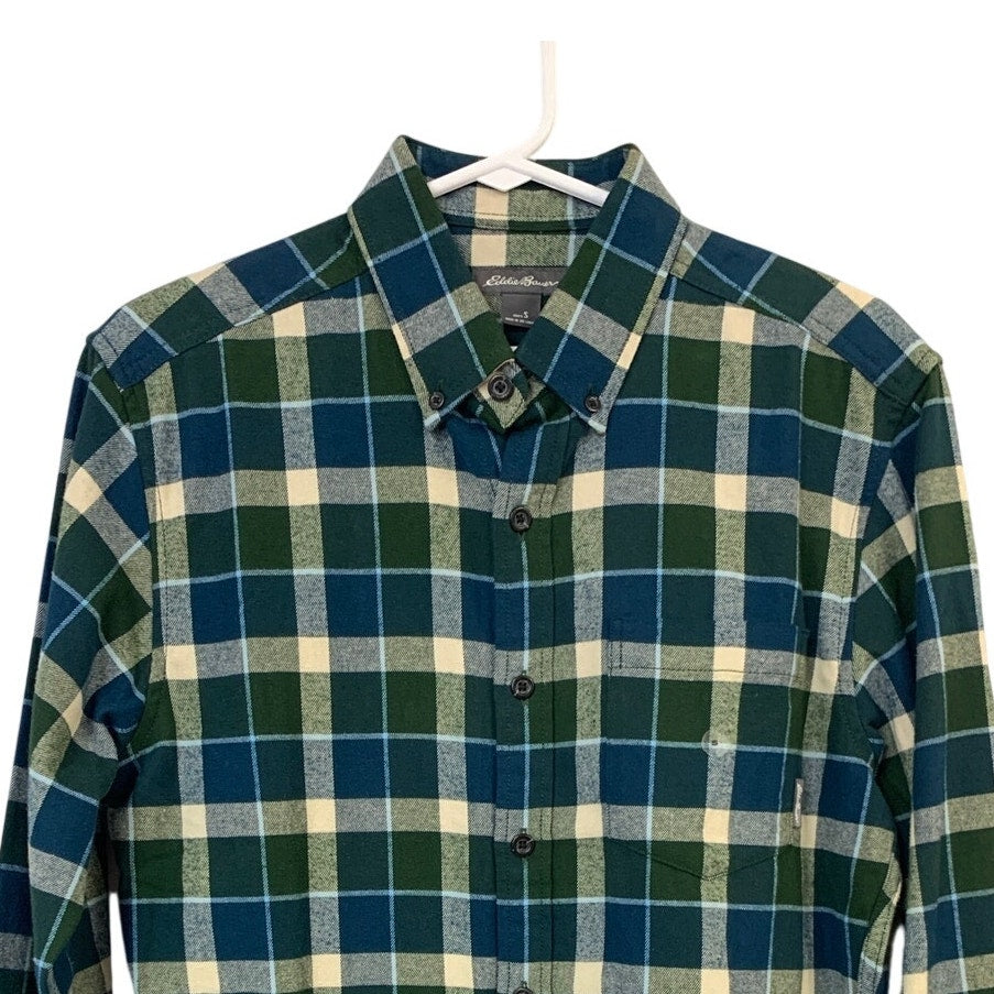 New Eddie Bauer Mens Small Peacock Plaid Eddies Field Flannel Button Up Shirt