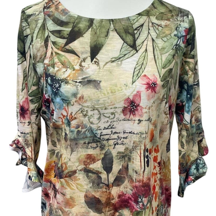Time &amp; Tru Womens Small 3/4 Ruffled Sleeve Floral Silver Bead Forest Top Blouse
