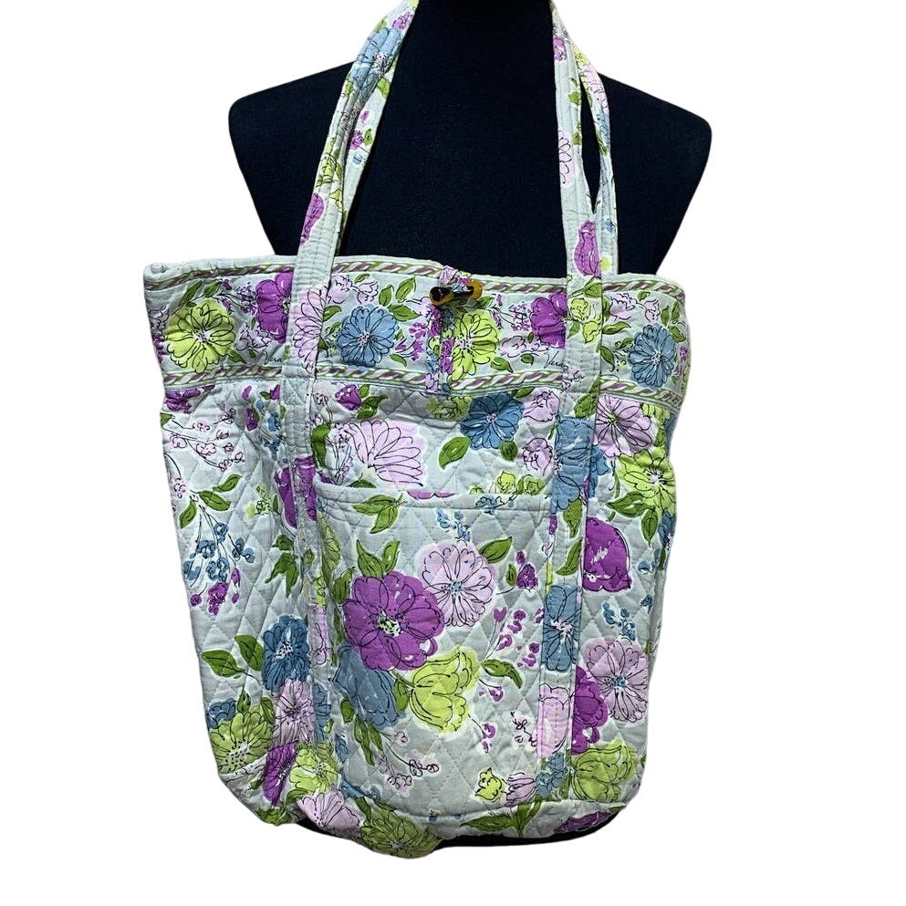Vera Bradley Large Purple Blue Lime Floral Quilted Shoulder Bag Pockets Key Clip