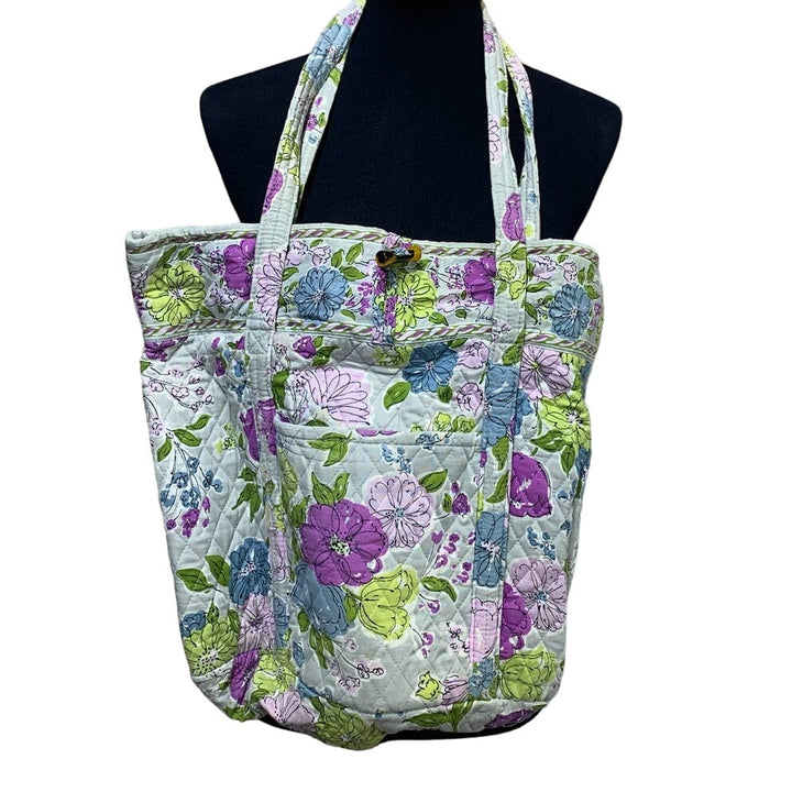 Vera Bradley Large Purple Blue Lime Floral Quilted Shoulder Bag Pockets Key Clip