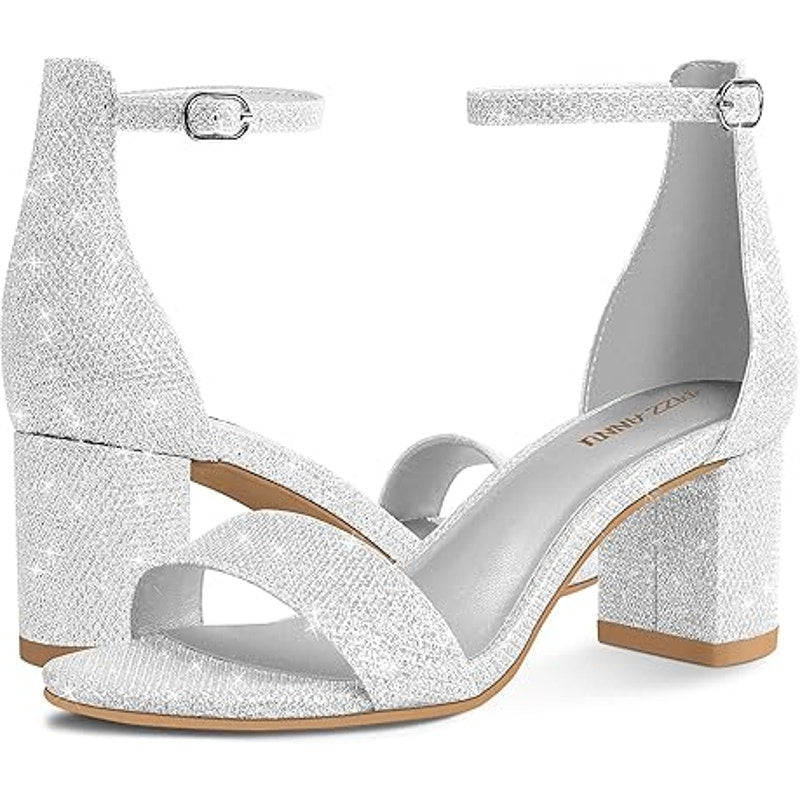 Pizz Annu Womens Size 7.5 Silver Glitter 2" Block Heel Ankle Strap Sandal Shoes