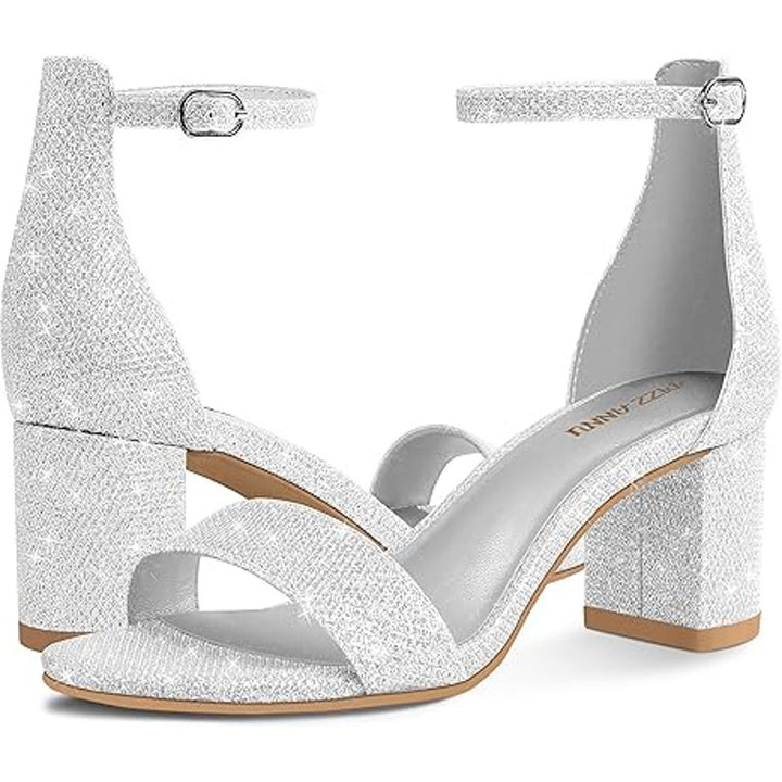 Pizz Annu Womens Size 7.5 Silver Glitter 2" Block Heel Ankle Strap Sandal Shoes