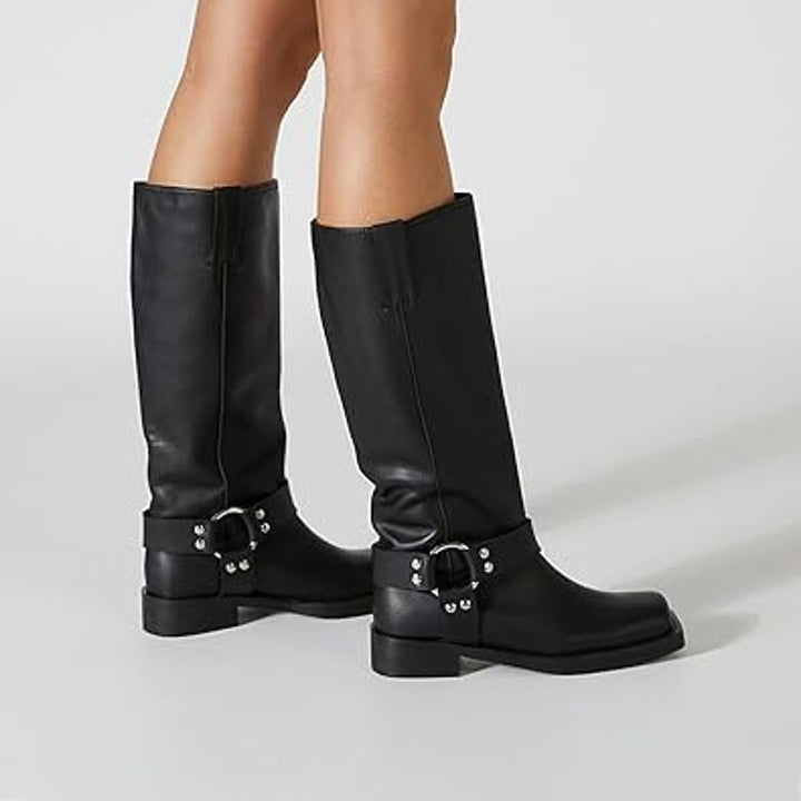 Fifsy Womens Size 6.5 Black Faux Leather 1.5" Heel Pull On Riding Boots Shoes