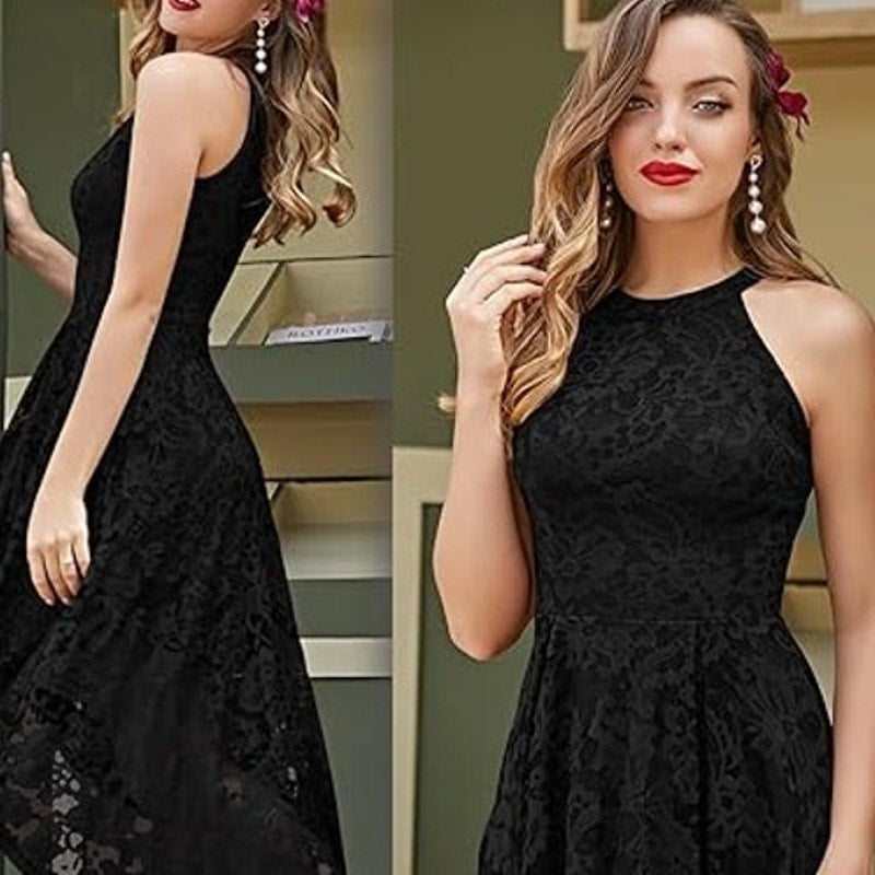 NWT New Dressystar Womens Medium Black Back Zip Lined Lace Halter High Lo Dress