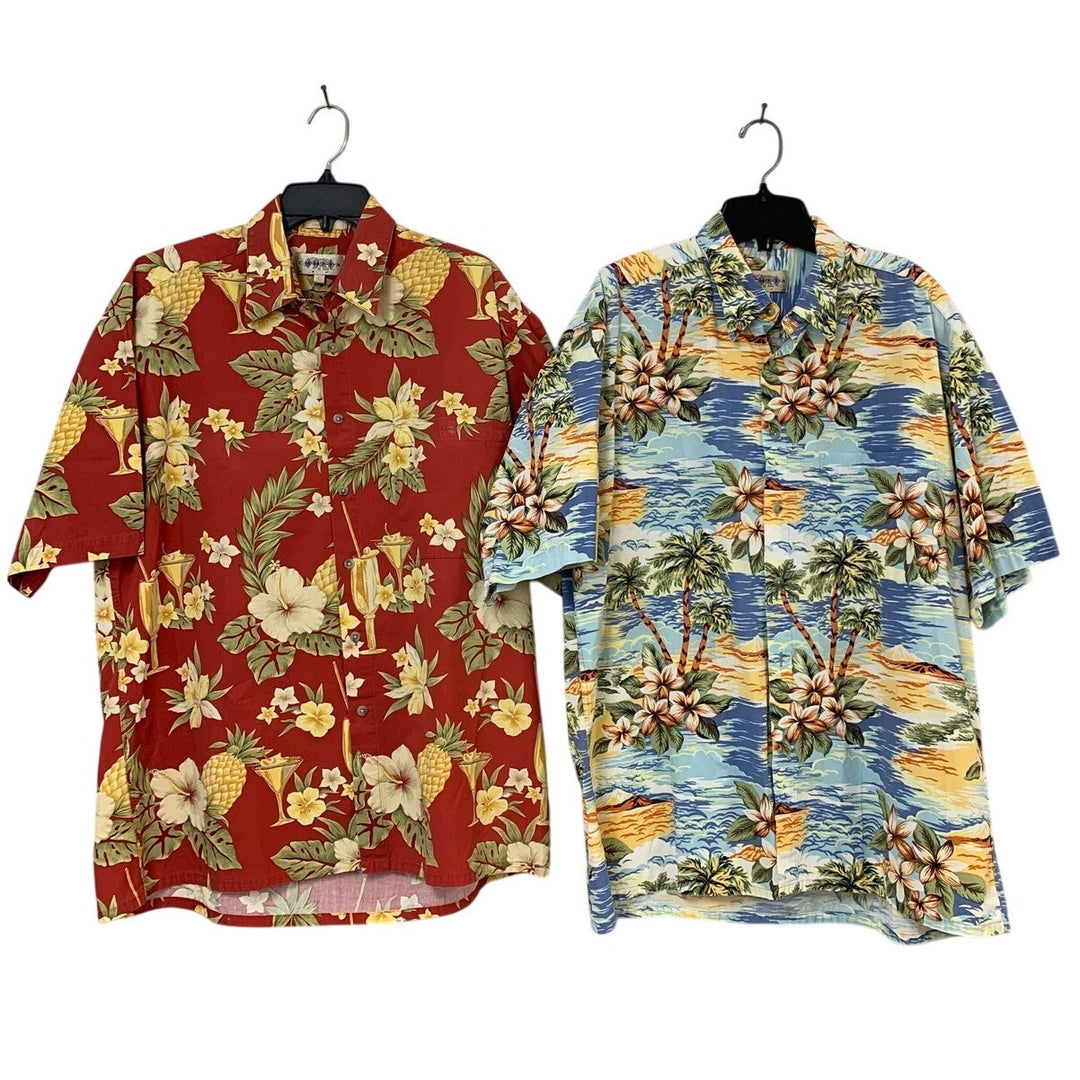 Lot of 2 Campia Moda Mens Large Tropical Blue Red Short Sleeve Button Up Shirts