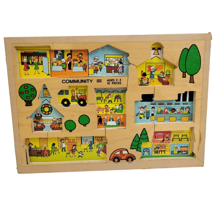 Vintage 1973 Fisher Price Quaker Oats Wooden Community 10 Piece Jigsaw Puzzle